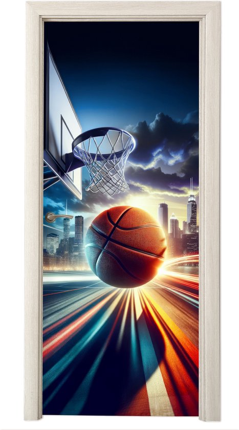 Deurposter 80x205 cm - Deursticker Basketbal - Sport - Basket - Stad - Meubelfolie zelfklevend - Deurfolie tienerkamer - Interieurfolie kinderkamer - Deur plakfolie - Deurbehang sticker - Kamer decoratie tieners