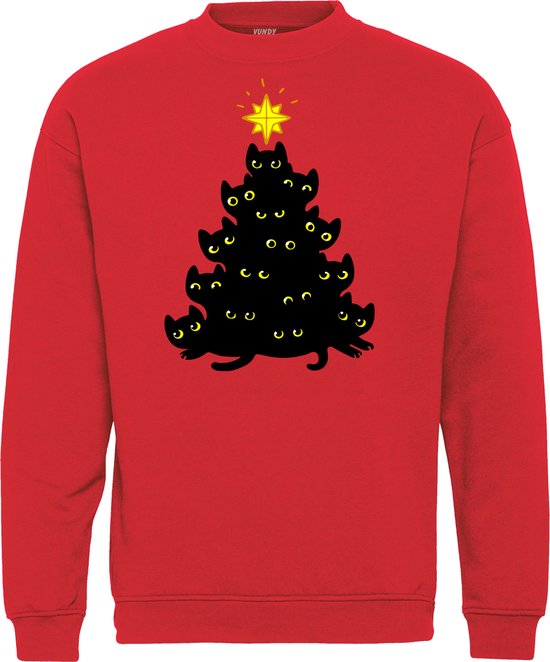 Kersttrui Zwarte Kat Kerstboom | Foute Kersttrui Dames Heren | Kerstcadeau | Kerstpakket | Rood | maat 4XL