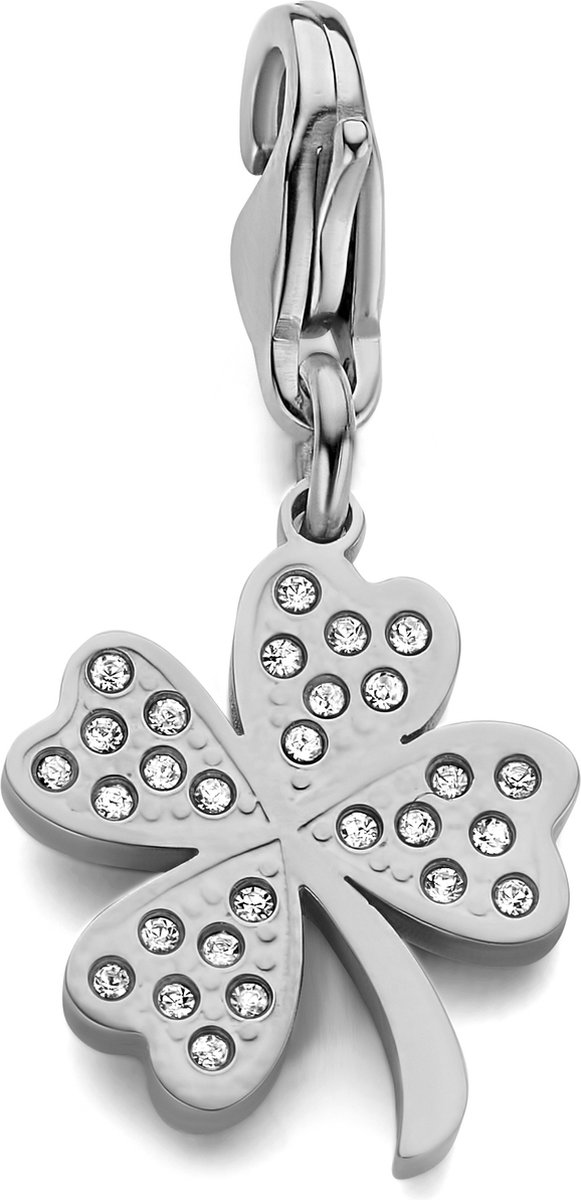 CO88 Collection 8CH-00028 Stalen Bedel - Klaver - Kristal - 18 x 19 mm - Carabijnhaak - Zilverkleurig