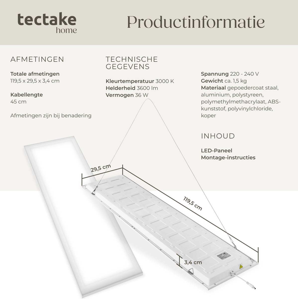 Tectake - Led-paneel Lucerna, Ultradun, Warmwit, Energiebesparend - Wit