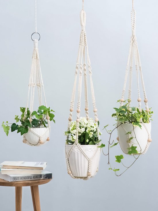 3 Stuks Luxe Macrame Plantenhangers - Boho Handgeweven Katoen Hangpot voor Binnen/Buiten - Hangende Bloempot met Kralen - Macramé Touw/Koord Hangplant Houder - Bohemian Wandhanger Decoratie - Plant Hanger - Verticale Tuin Bloempothouder Planthanger