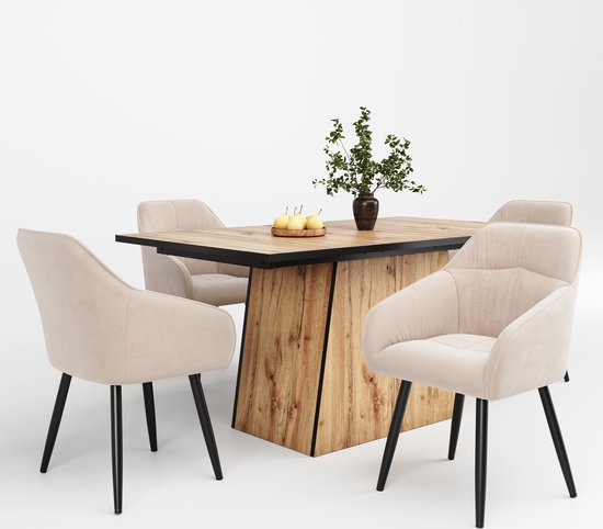 Merax 5-delige Eettafelset - Houten Tafel met 4 Velvet Stoelen - Crème