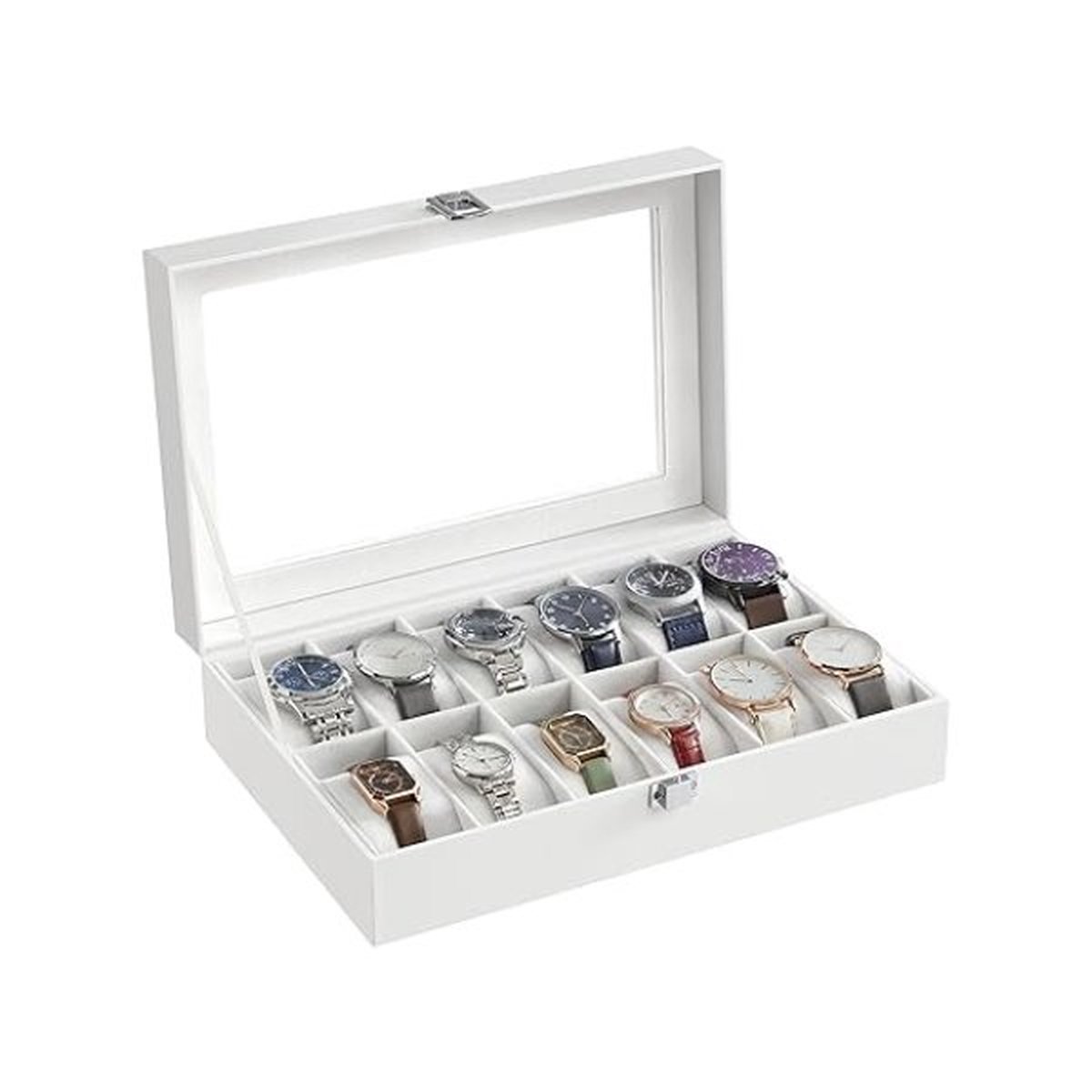 12-slot horlogebox, horloge-houder, met glazen deksel, verwijderbaar horlogekussen, fluwelen voering, metalen gesp, wit synthetisch leer, witte voering