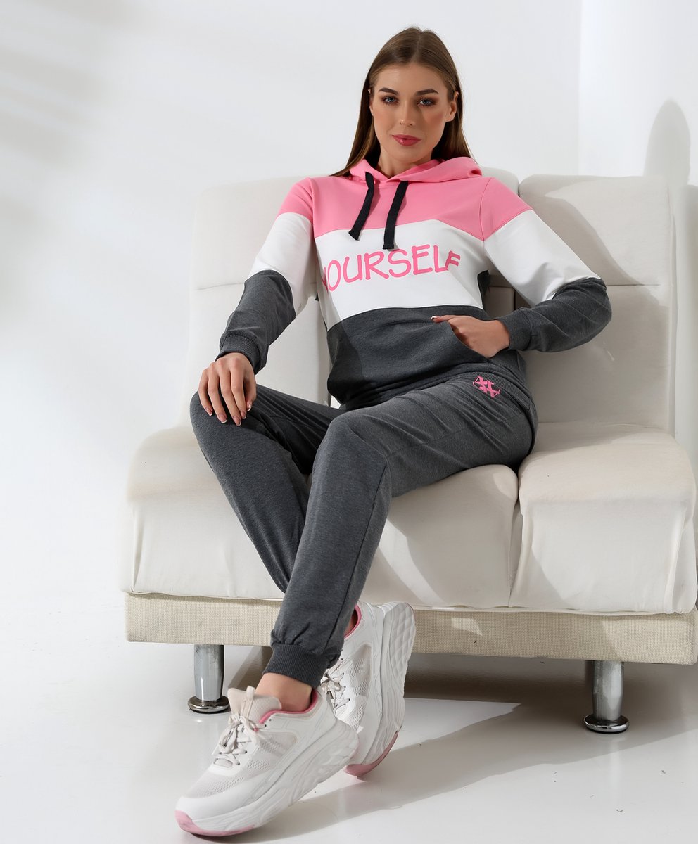 Loxxey® - Katoen - Yourself - Vrijetijdspak - Joggingpak - Huispak - Home Wear - Hoodie - Trainingspak - Tracksuit - 1 Set (2 Delig) - Dames - Maat L – Candy Pink/ Grijs Melange- Nieuw Seizoen!!