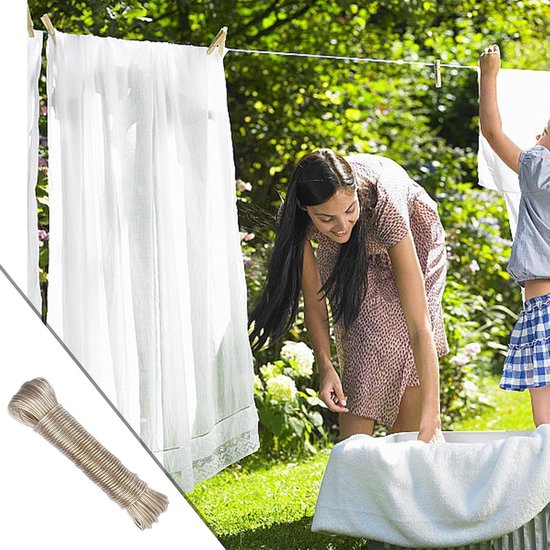 Corde à Linge Polyester 20 M, 10 Mm, Avec Crochets - Noyau Acier, Résistante Aux Intempéries - Jardin, Balcon, Camping