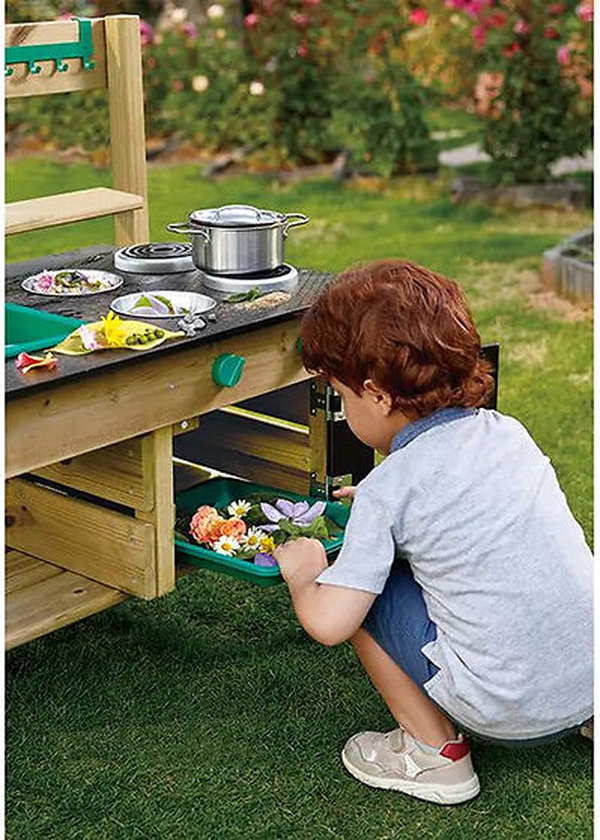 Hape Premium Buitenkeuken Modderkeuken - Speelkeuken Buiten met Watertank en Kraan - Duurzaam Hout - 3 Jaar+ — afbeelding 12
