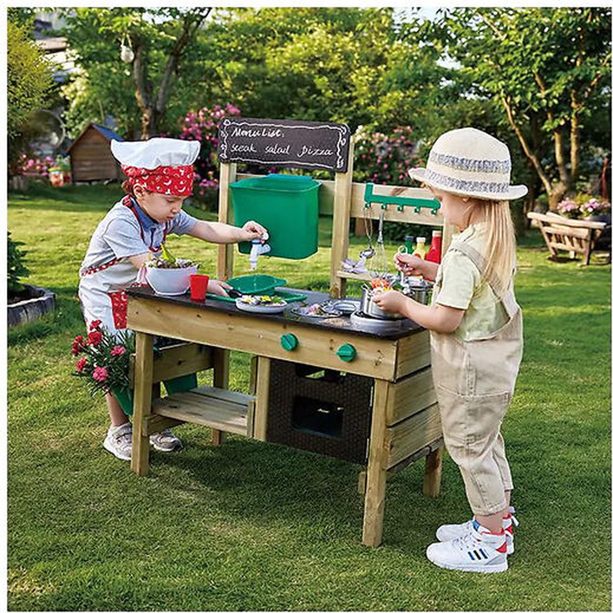 Hape Premium Buitenkeuken Modderkeuken - Speelkeuken Buiten met Watertank en Kraan - Duurzaam Hout - 3 Jaar+ — afbeelding 7