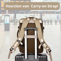 Beige Caimco rugzak op een koffer met carry-on strap op een luchthaven.