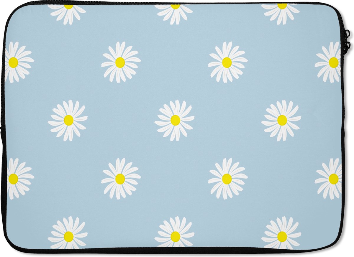 Laptophoes 13 inch - Madeliefjes - Pastel - Wit - Blauw - Bloemen - Laptop sleeve - Binnenmaat 32x22,5 cm - Zwarte achterkant