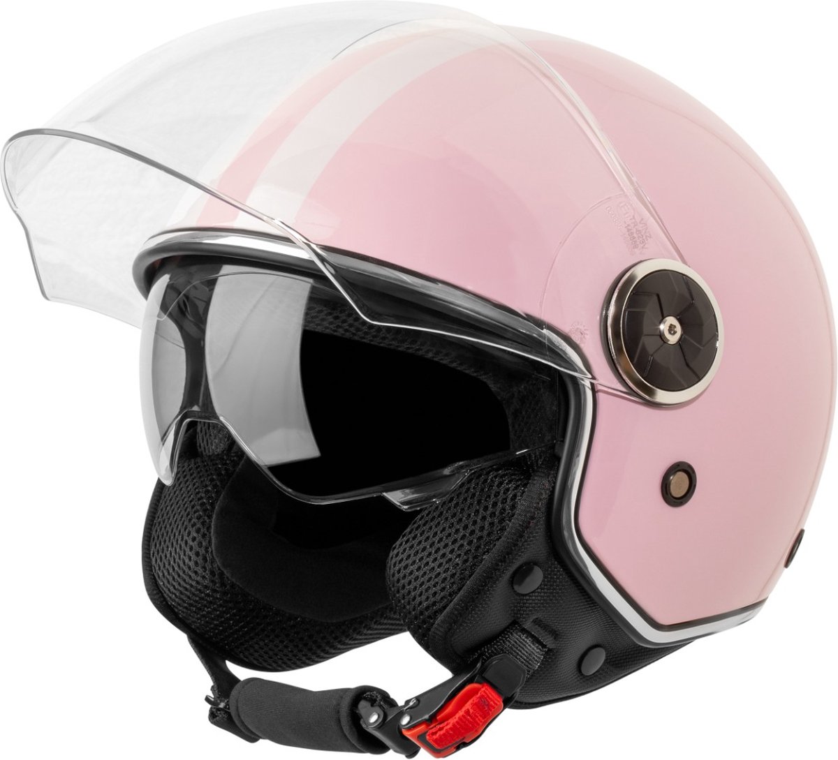 VINZ Arenas Jethelm met Zonnevizier | Scooterhelm voor Vrouwen | Motorhelm & Brommerhelm Dames | ECE 22.06 goedgekeurd | Lichtgewicht 1200 gram | Inclusief Opbergzak | Roze - S