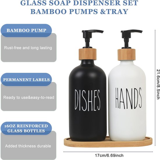 Topsky Glazen zeepdispenser met plastic pomp, 330 ml