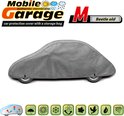 Grijze autohoes voor een Kever, met logo 'Mobile garage authentic membrane' en iconen.