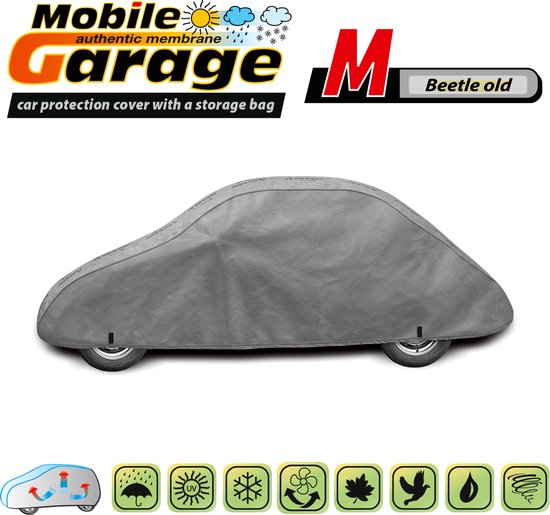 Grijze autohoes voor een Kever, met logo 'Mobile garage authentic membrane' en iconen.