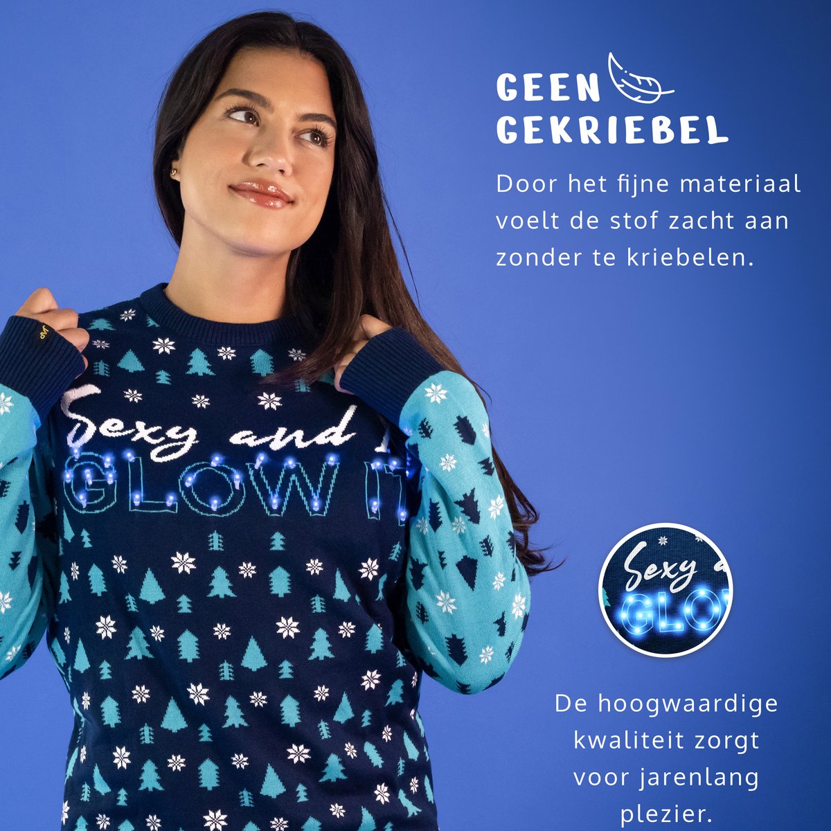 JAP Christmas Kersttrui met lichtjes (maat XS) - 100% Gerecycled - Kriebelt niet - Kerstcadeau volwassenen - Foute Kersttrui dames en heren - Sexy and I GLOW IT - Blauw — afbeelding 2