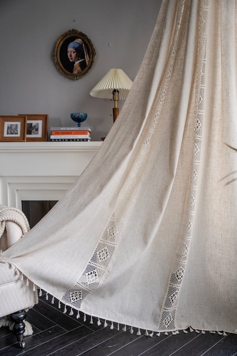 Boho gordijn haakjes kanten patchwork semi-blackout bohemian handgemaakte kwastjes, staaf pocket raambehandeling vintage rustieke boerderij gordijnen voor woonslaapkamer, 59 "W x 63"L(150X160cm),-beige