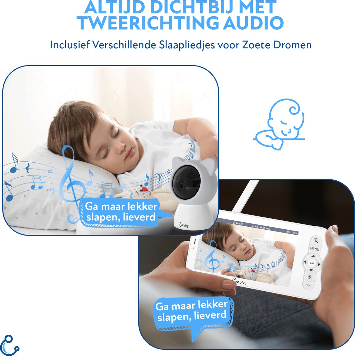 Afbeelding 3 van Kolvy® Babyfoon Pro DUO - Intelligente Baby Monitor - Babyfoon met Camera en App - Twee Camera's - 1080p - Nachtzicht - Tweeweg Audio - Inclusief Slaapliedjes