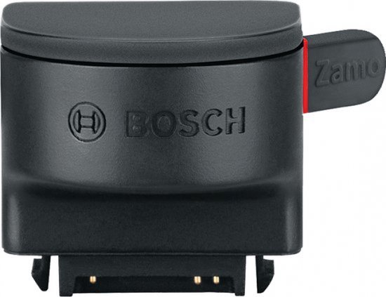 Close-up van de zwarte Bosch Zamo lintadapter met een rode markering.