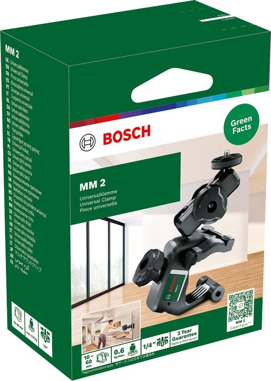 Doos met Bosch MM 2 universele klem en een afbeelding van de klem.