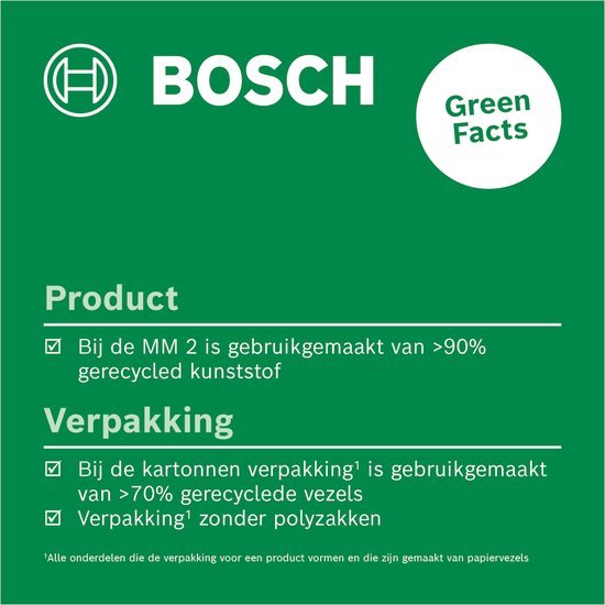 Bosch Green Facts: Product en verpakking gemaakt van gerecycled materiaal.