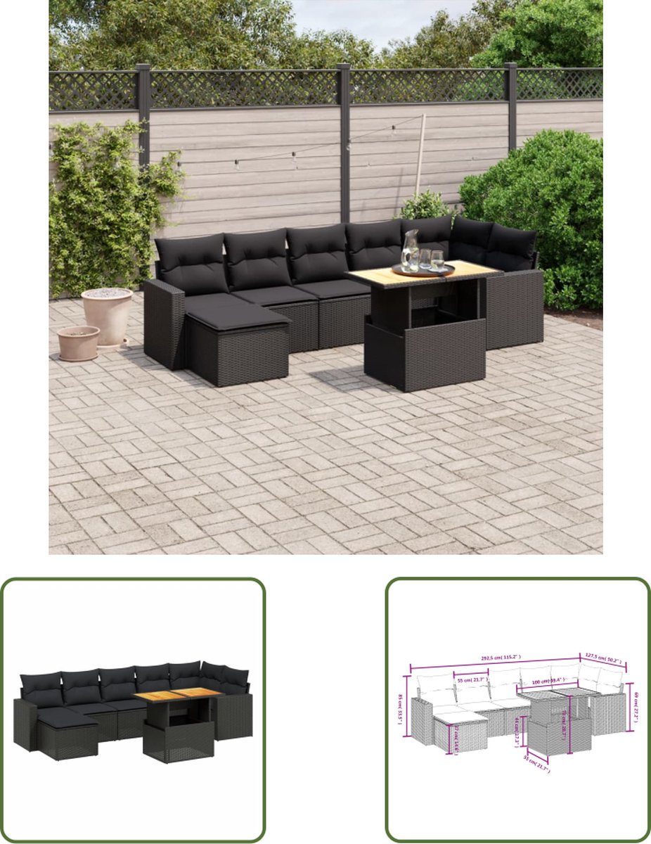 Zwarte poly rattan loungeset met kussens voor tuin en buitenruimte.