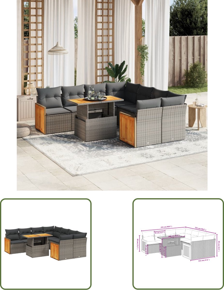 The Living Store 9-delige Loungeset met kussens poly rattan grijs - Loungebank - Lounge Set - Buitendecoratie - Tuinmeubels - Pe Rattan