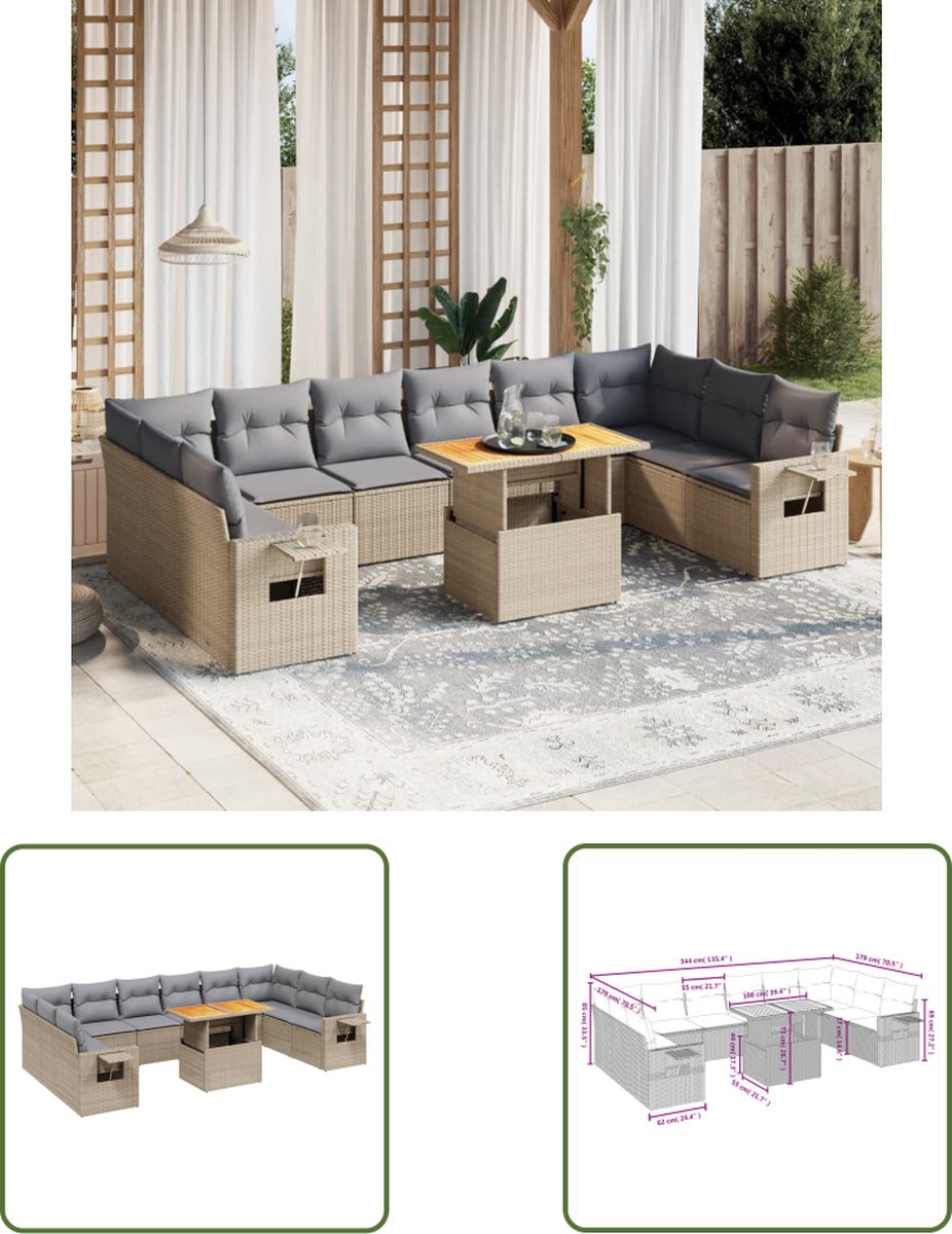 11-delige poly rattan beige tuinset met kussens en loungebank - Buitendecoratie.