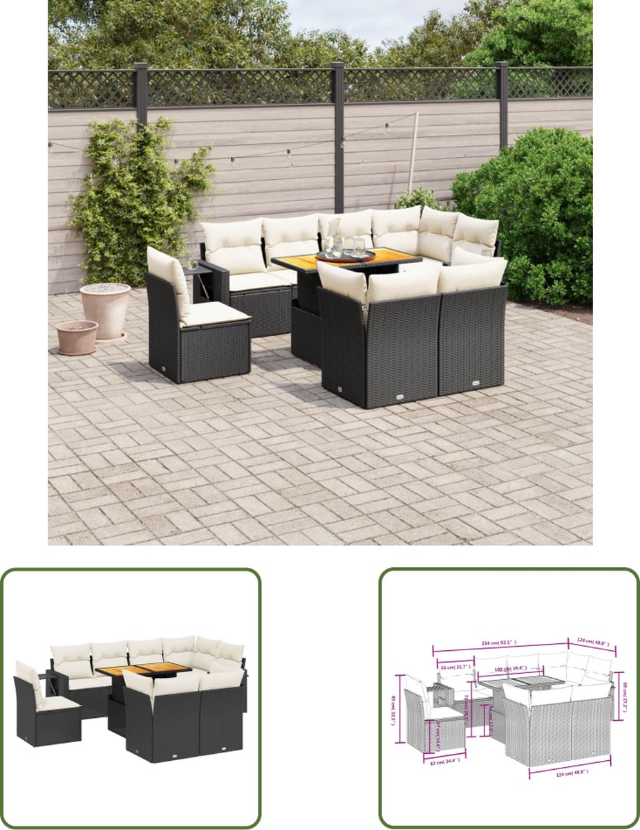 Zwarte poly rattan loungeset met kussens voor tuindecoratie - The Living Store.