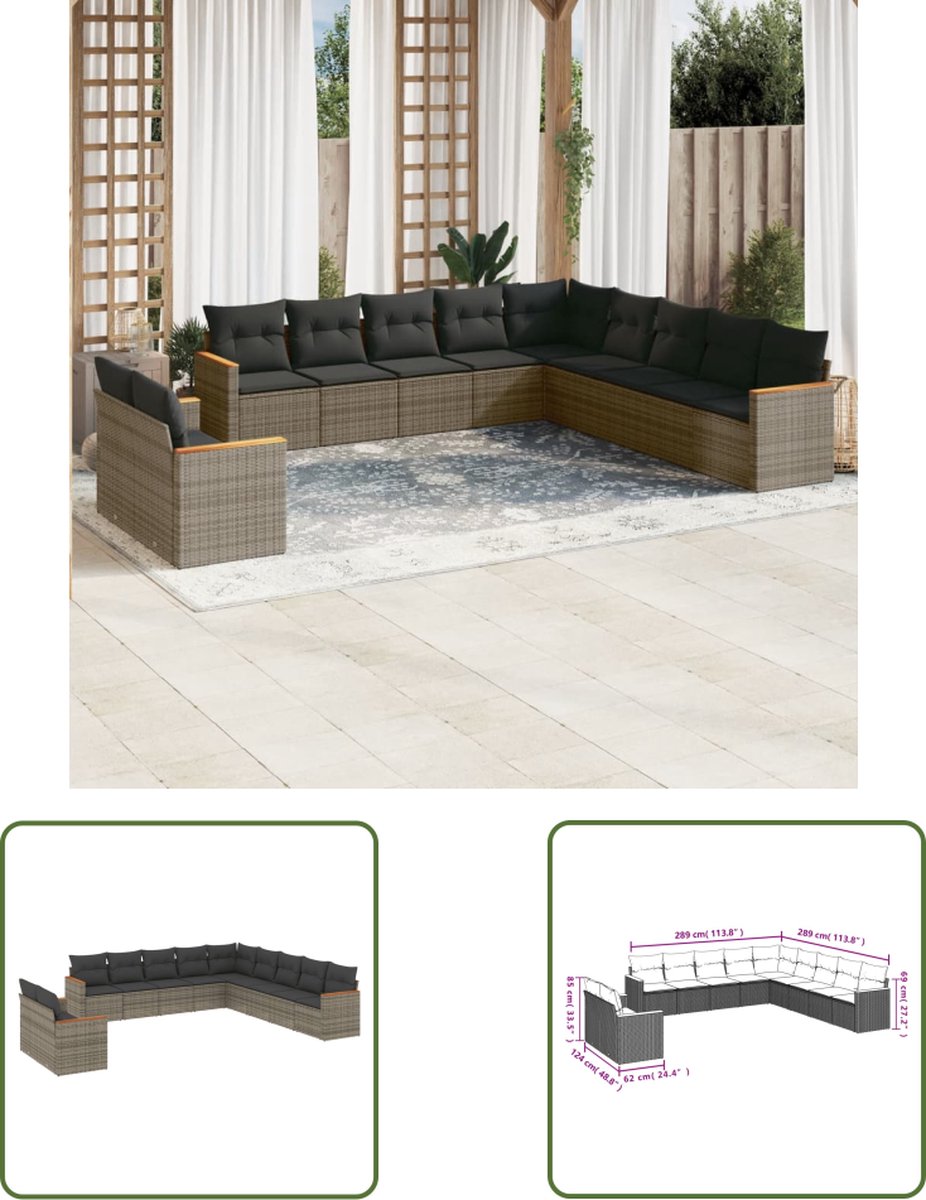 The Living Store 11-delige Loungeset met kussens poly rattan grijs - Loungeset - Tuinset - Tuinmeubels - Lounge Set - Pe Rattan