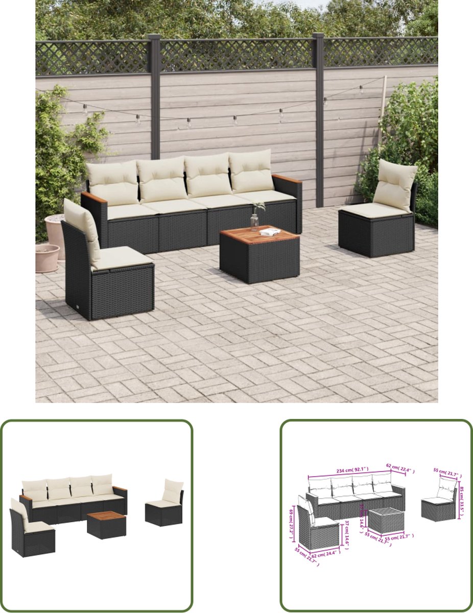 Zwarte poly rattan loungeset met kussens voor buiten - The Living Store.