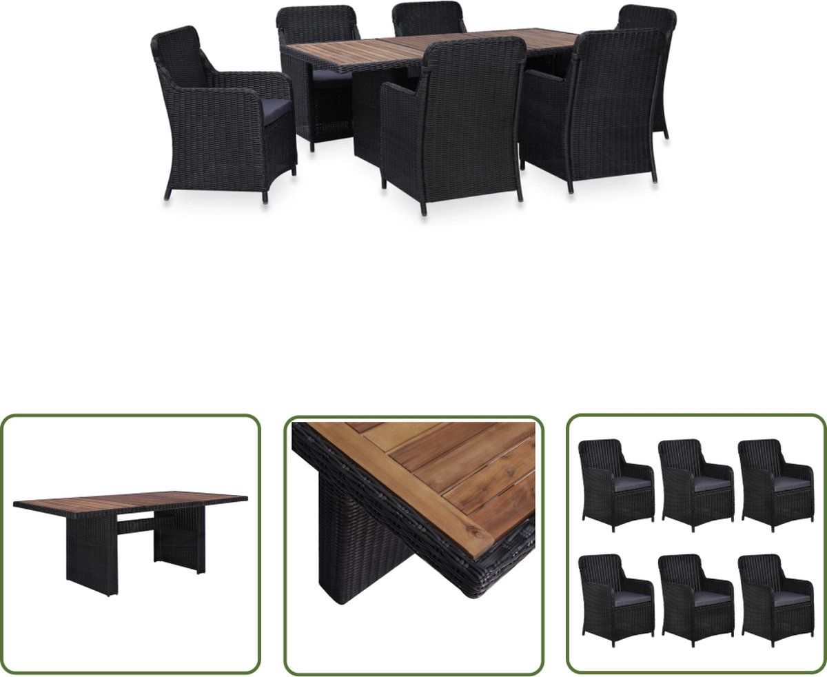 Zwarte poly rattan tuinstoel en eetkamerset in 7-delige tuinset.