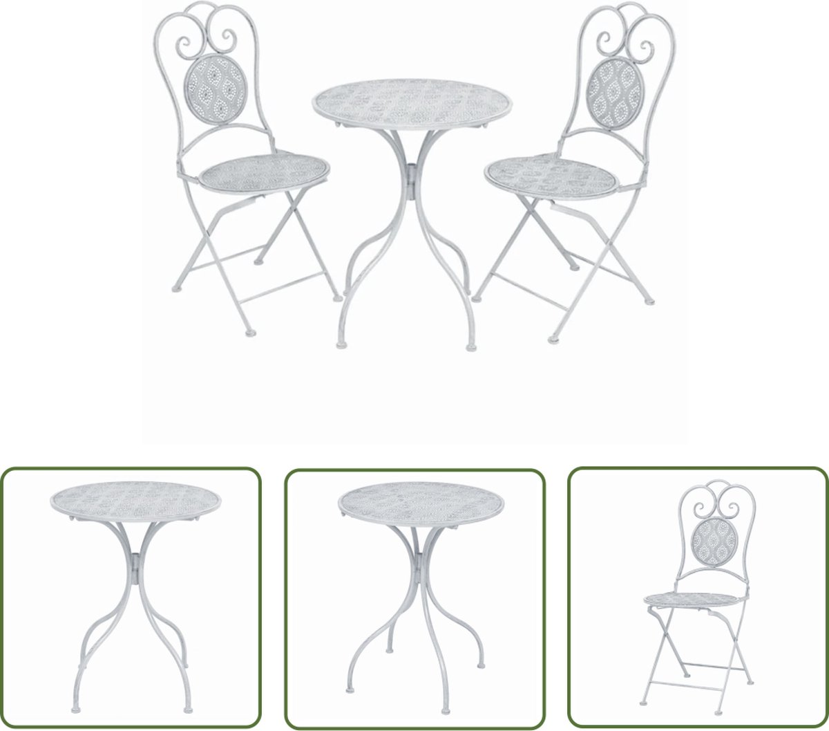 The Living Store 3-delige Bistroset staal grijswit - Vintage Bistroset - Bistrotafel - Tuintafel - Buitentafel - Balkonset