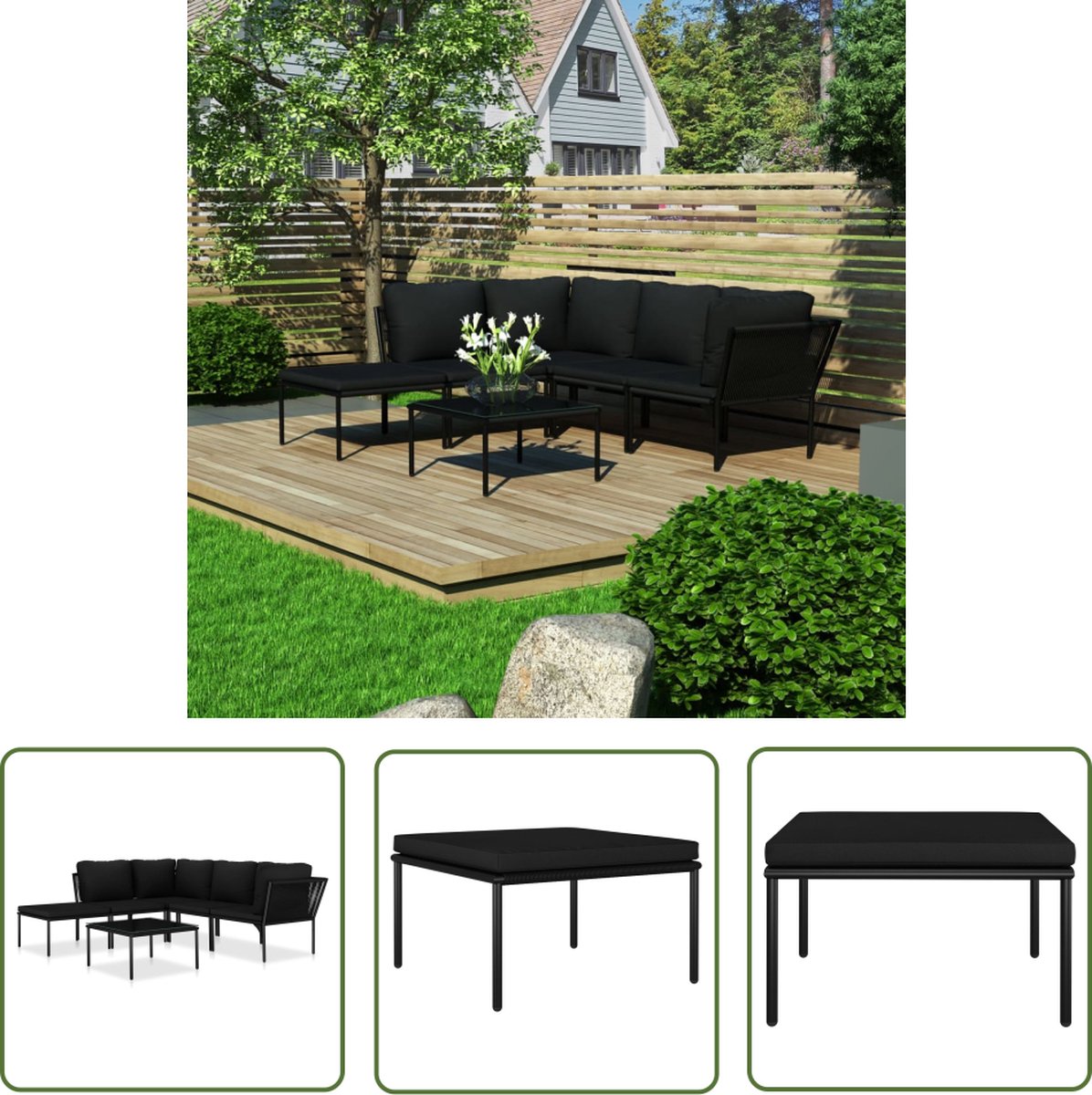 The Living Store 6-delige Loungeset met kussens PVC zwart - Tuinlounge - Loungebank - Buitendiner - Outdoor Meubels - Zitzakken