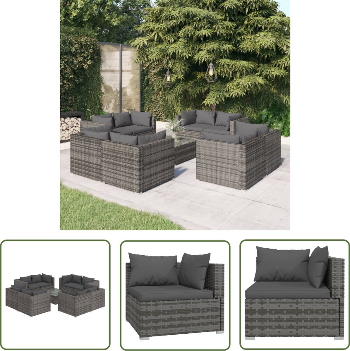 The Living Store 9-delige Loungeset met kussens poly rattan grijs - Tuinmeubles - Lounge Set - Poly Rattan - Buitendecoratie - Loungestoel