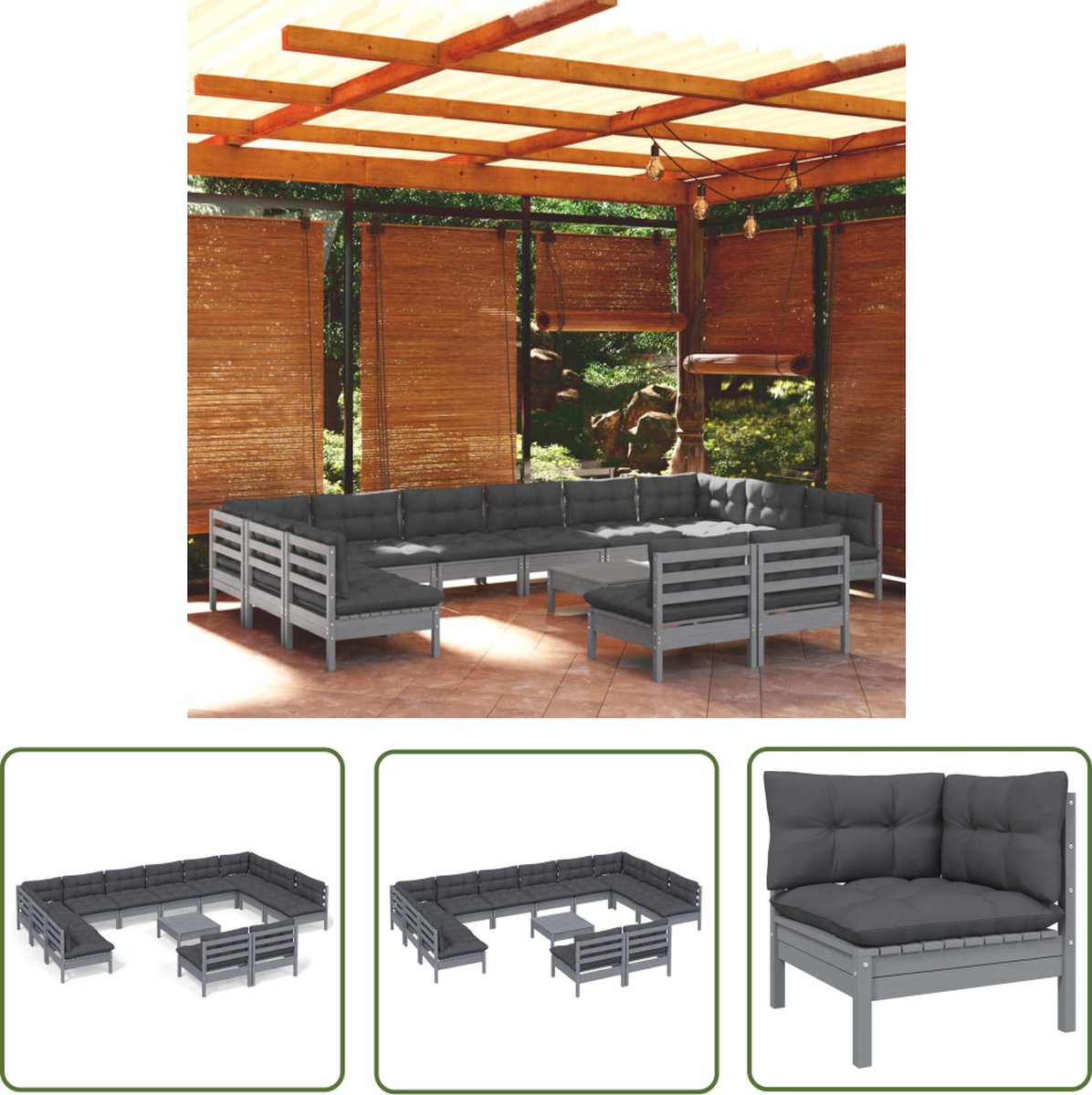 The Living Store 13-delige Loungeset met kussens massief grenenhout grijs - Loungeset - Tuinset - Houten Lounge - Buis Meubel - Balkon Meubilair