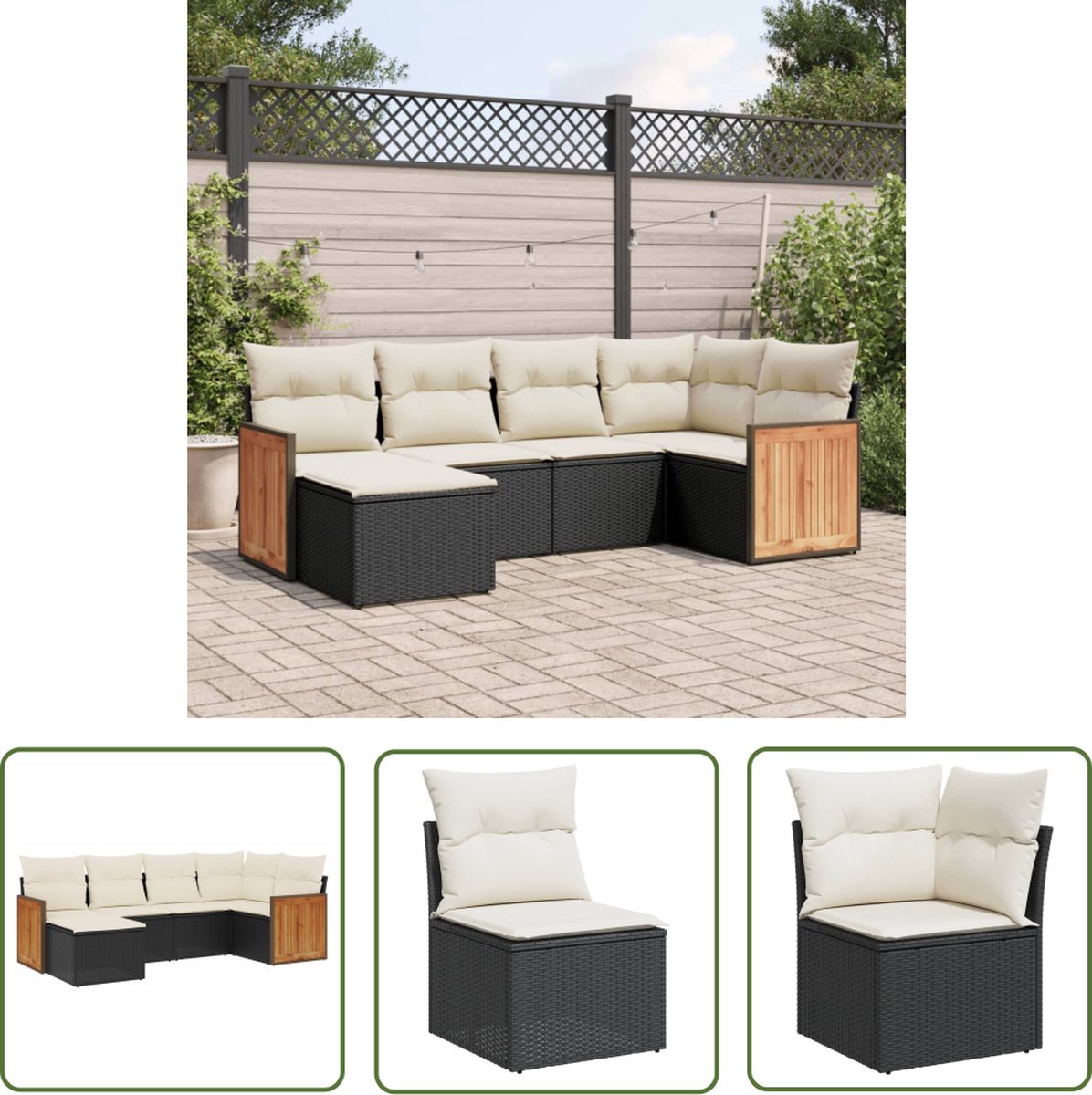Zwarte poly rattan loungeset met kussens voor buiten.
