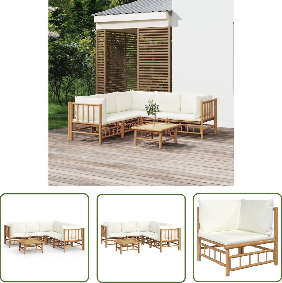 Loungeset van bamboe in crèmewit met kussens - Tuinmeubel.