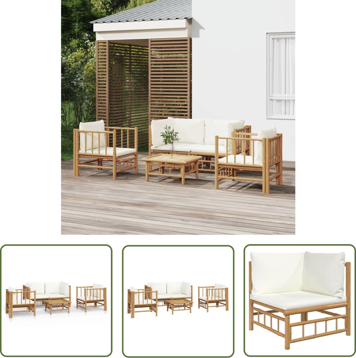 The Living Store 5-delige Loungeset met kussens bamboe crèmewit - Bamboetuinmeubel - Lounge Set - Tuin Bank - Hoeksofa - Buis Meubel