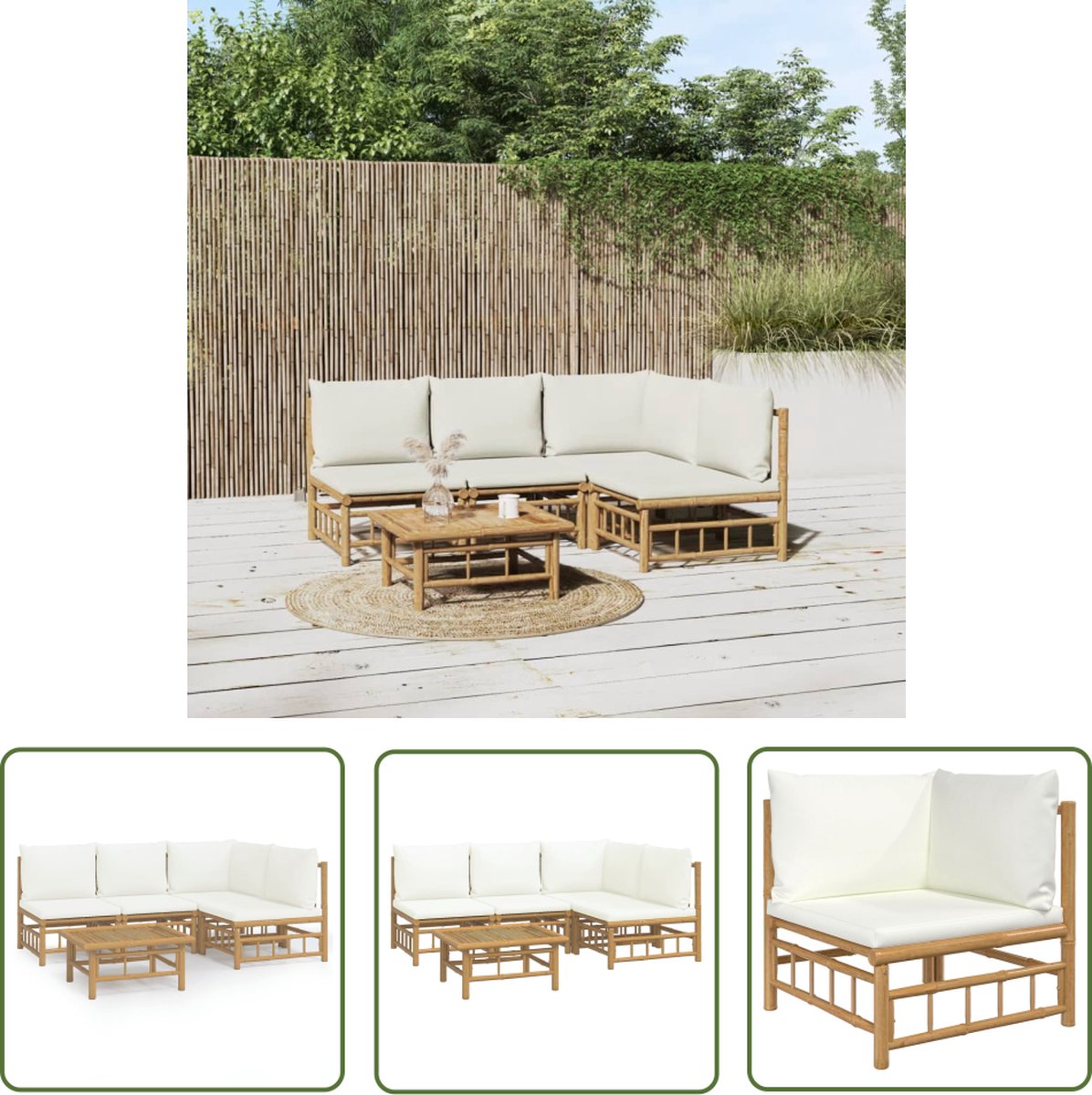 The Living Store 5-delige Loungeset met kussens bamboe crèmewit - Bamboelounge - Lounge Set - Buis Meubel - Tuinstoel - Outdoor Furniture