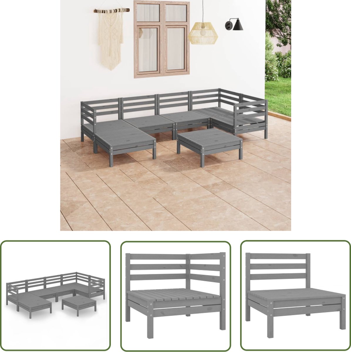 The Living Store 7-delige Loungeset massief grenenhout grijs - Tuinmeubles - Lounge Set - Houten Bank - Buitendecor - Patio Furniture