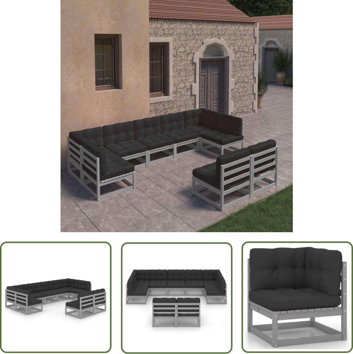 Loungeset van massief grenenhout in grijs met kussens - Tuinmeubels.
