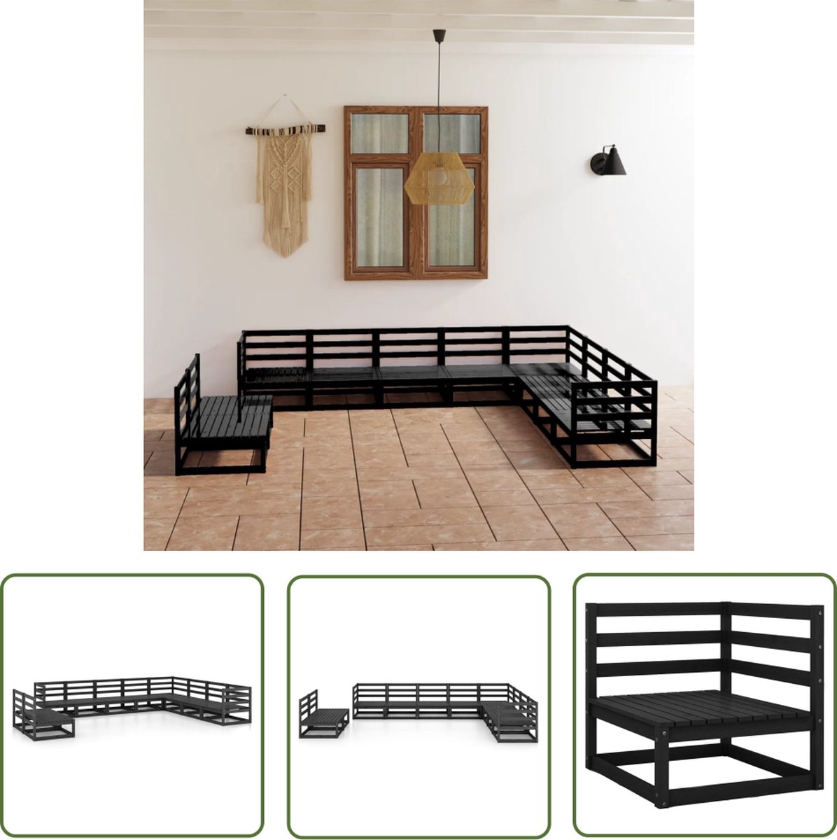 The Living Store 10-delige Loungeset massief grenenhout zwart - Tuinmeubel - Lounge Set - Houten Bank - Buitendecoratie - Veranda Meubel