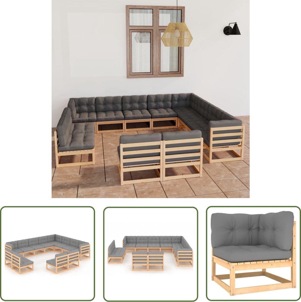 The Living Store 12-delige Loungeset met kussens massief grenenhout - Tuinmeubels - Lounge Set - Grenenhout - Loungestoel - Buitendecoratie