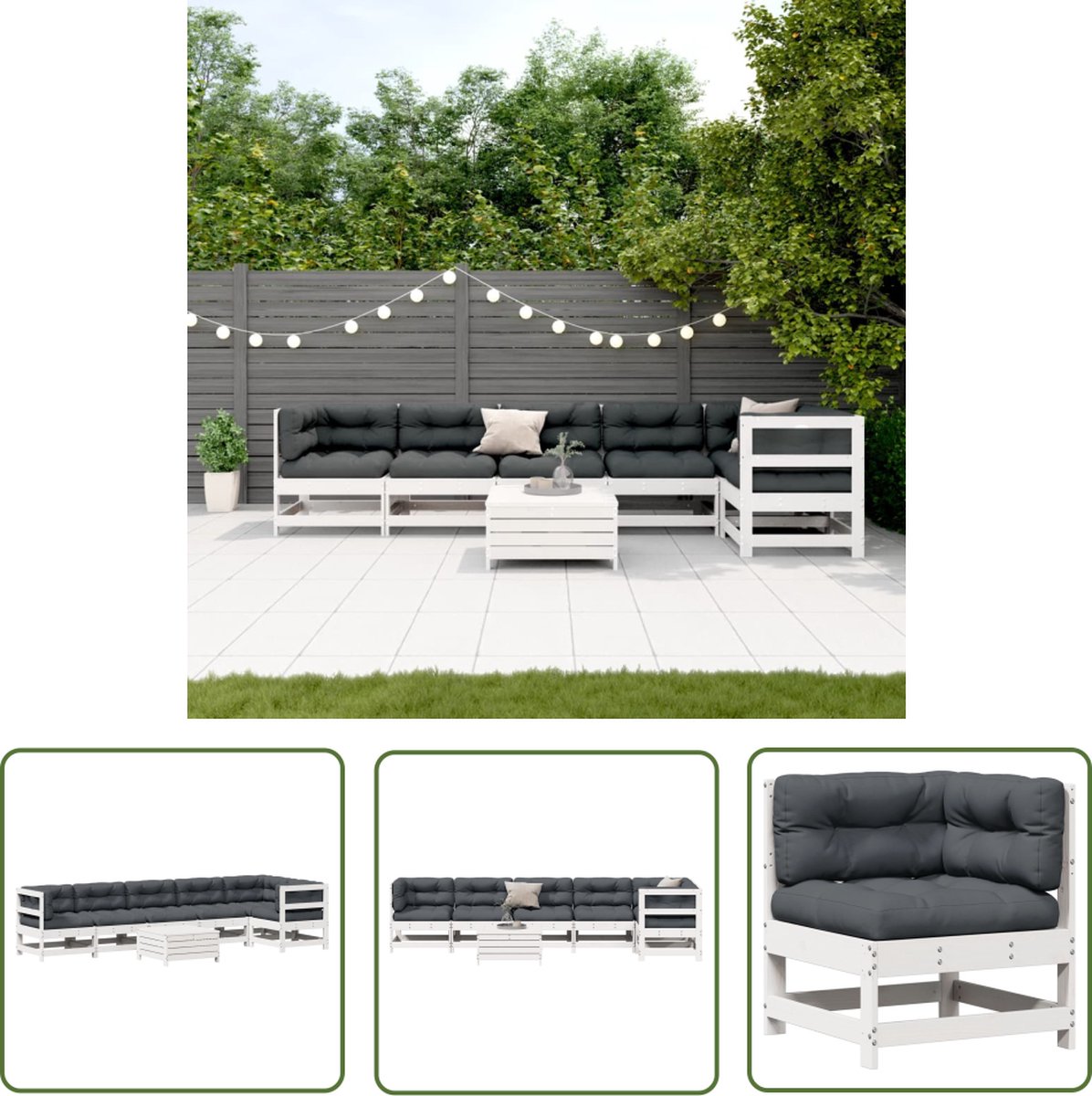 Tuin Loungeset van massief grenenhout in wit met kussens.