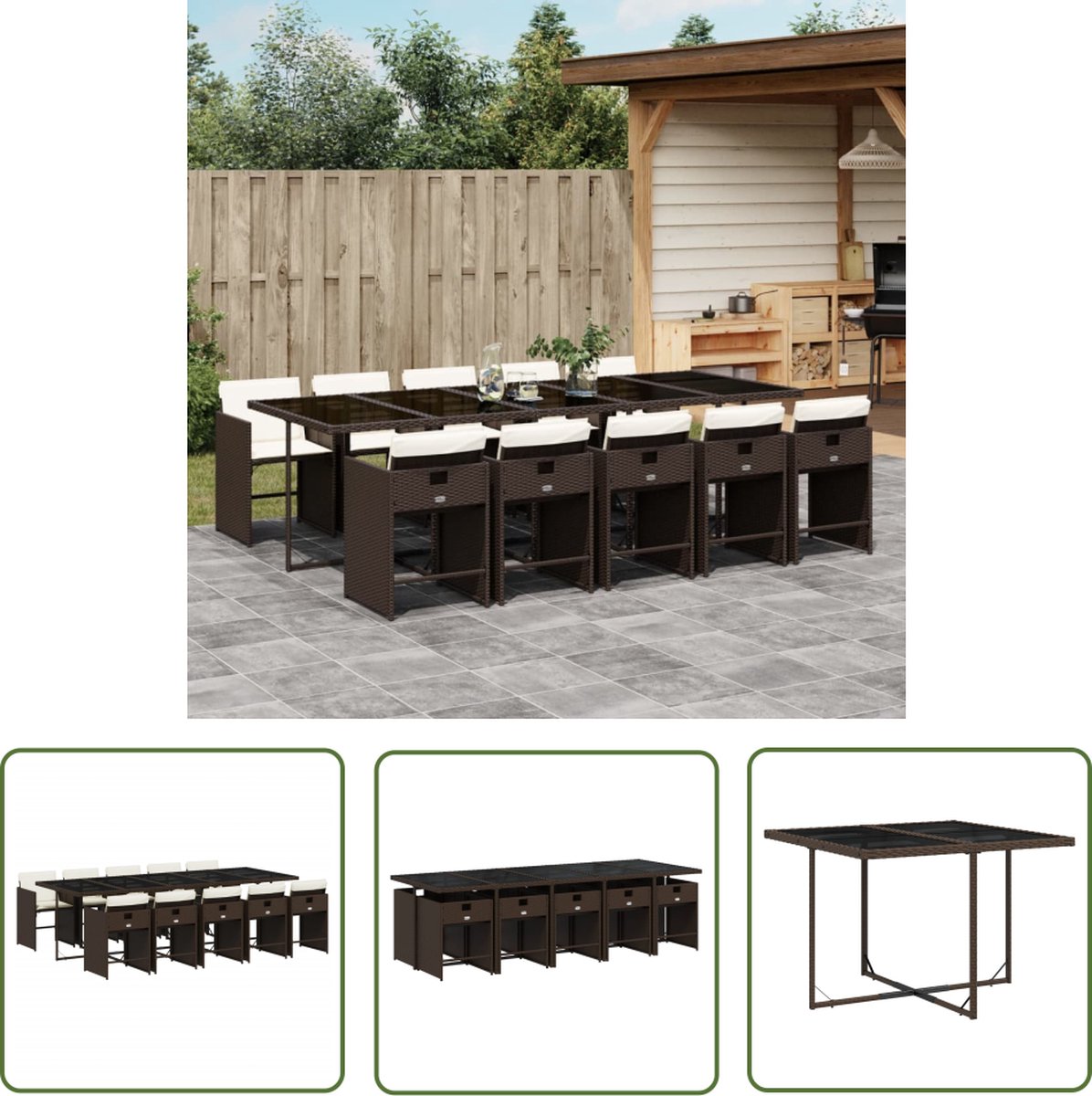 The Living Store 11-delige Tuinset met kussens poly rattan bruin - Tuinset - Buitenmeubel - Lounge Set - Eetkamerset - Patio Set