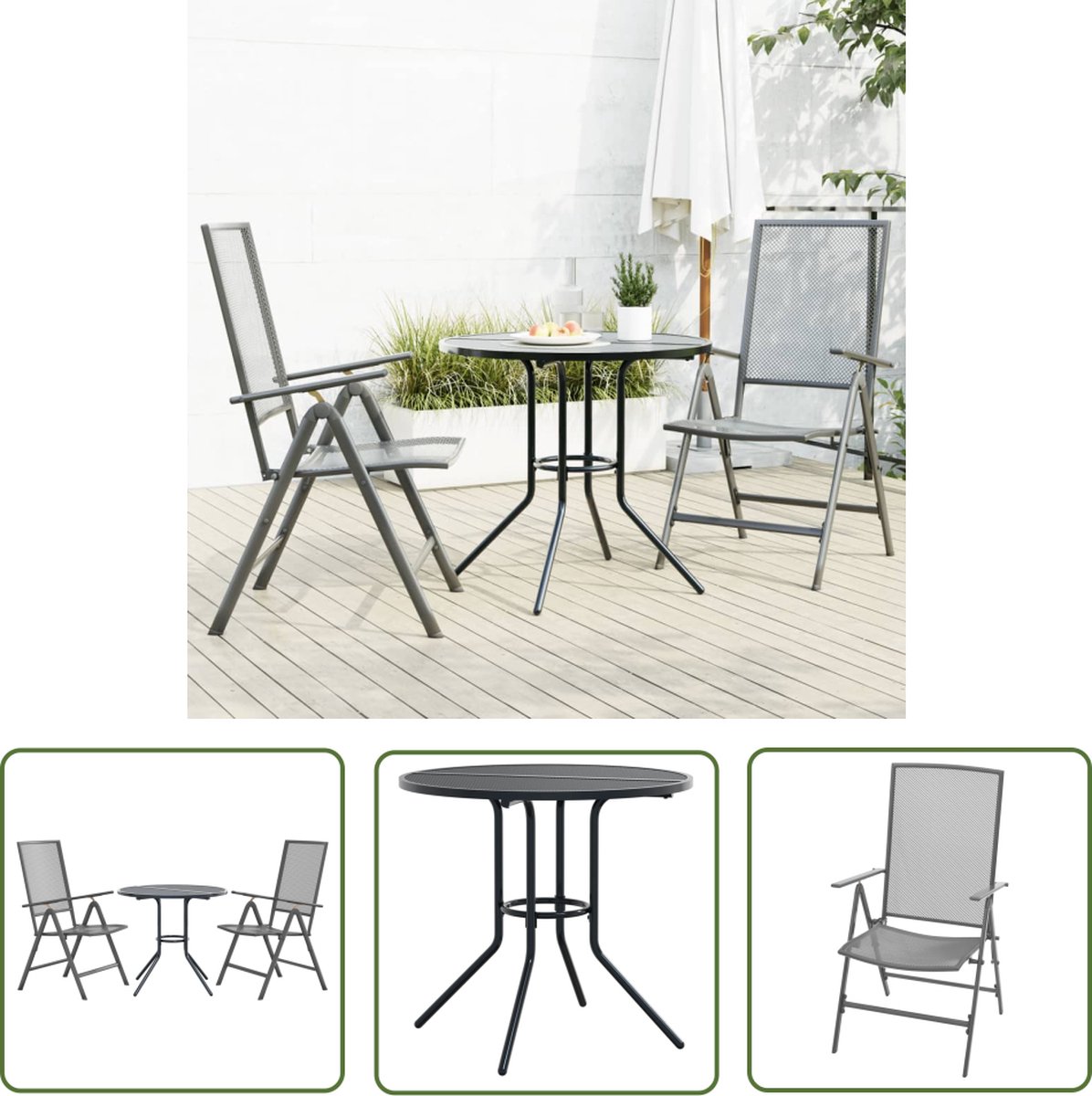 The Living Store 3-delige Tuinset verstelbaar gepoedercoat staal antraciet - Tuinmeubels - Bartafel - Lounge Set - Buitentijd - Outdoor Meubilair