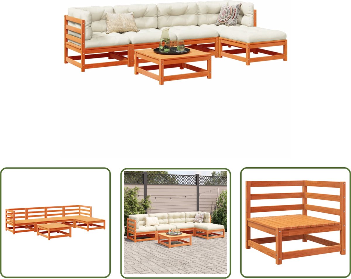The Living Store 6-delige Loungeset massief grenenhout wasbruin - Tuin Lounge Set - Loungebank - Tuinset - Houten Bank - Buitentijdbanken