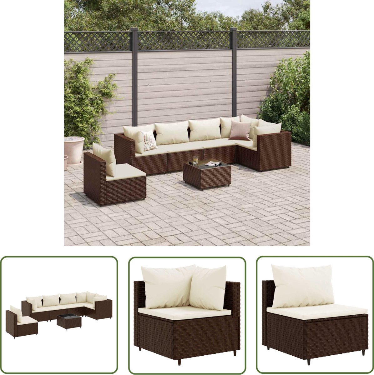 The Living Store 7-delige Loungeset met kussens poly rattan bruin - Loungeset - Tuinmeubels - Loungehoek - Buitendining - Veranda