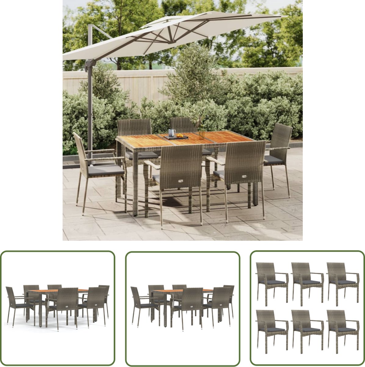 The Living Store 7-delige Tuinset met kussens poly rattan grijs - Tuinset - Buitenkamer - Lounge Set - Eetgroep - Patio Set