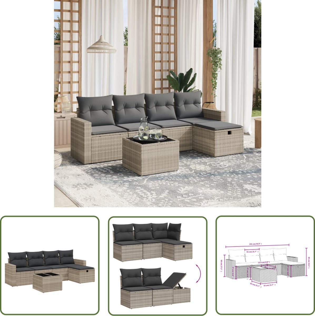 The Living Store 6-delige Loungeset met kussens poly rattan lichtgrijs - Loungeset - Lounge Set - Tuinlounge - Buitendiner - Outdoor Furniture