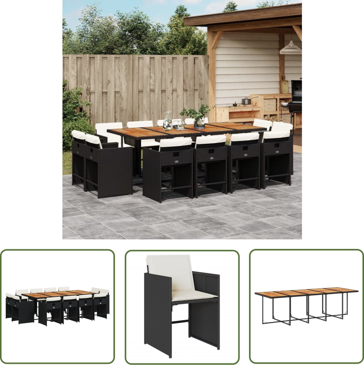 The Living Store 13-delige Tuinset met kussens poly rattan zwart - Tuinset - Buitentijd - Lounge Set - Eetkamerset - PE Rattan